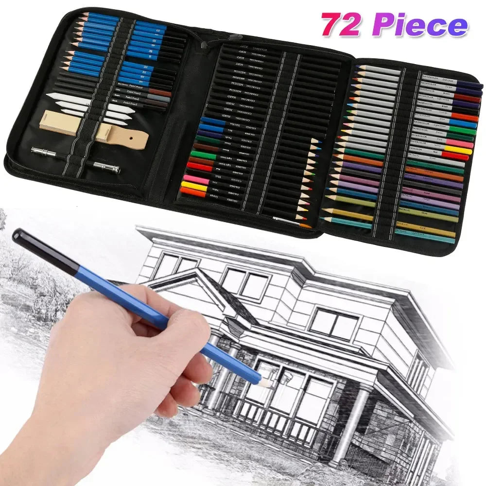 72Pcs Drawing Sketching Kit w/ Watercolor, Graphite, Colored, Metallic, and Charcoal Pencils