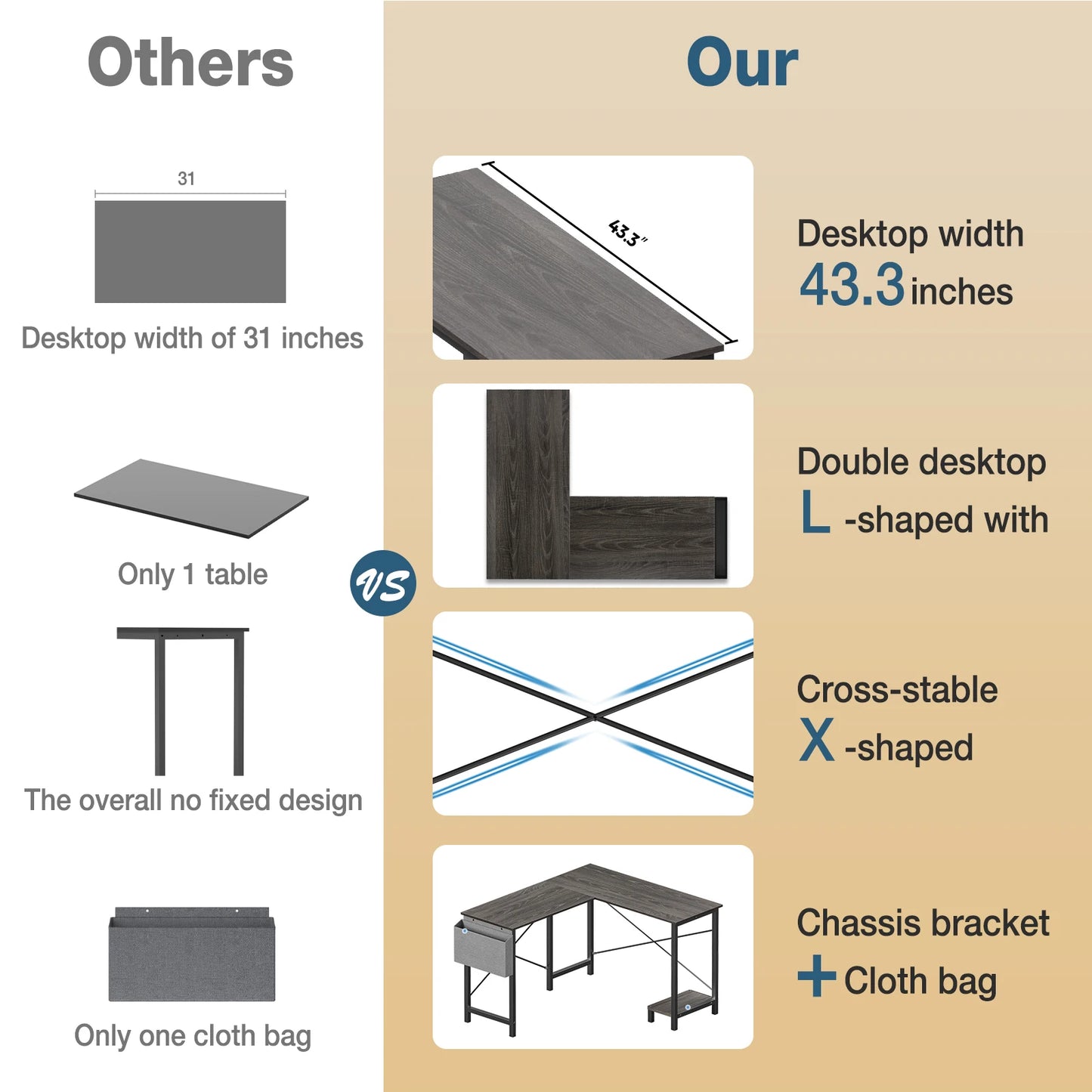 50 Inch PC Wooden Table w/ CPU Storage Shelf & Side Bag