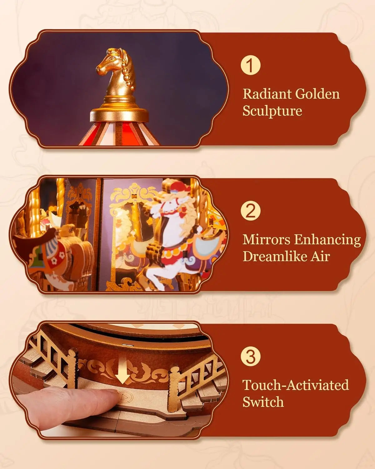3D Wooden Puzzle Classic Carousel Music Box with Lights