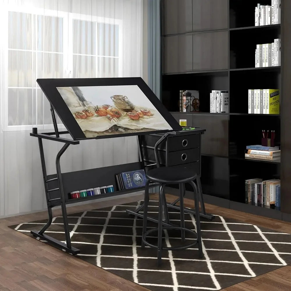 Adjustable Art/Craft, Drafting Table with Stool and 3 Slide Drawers