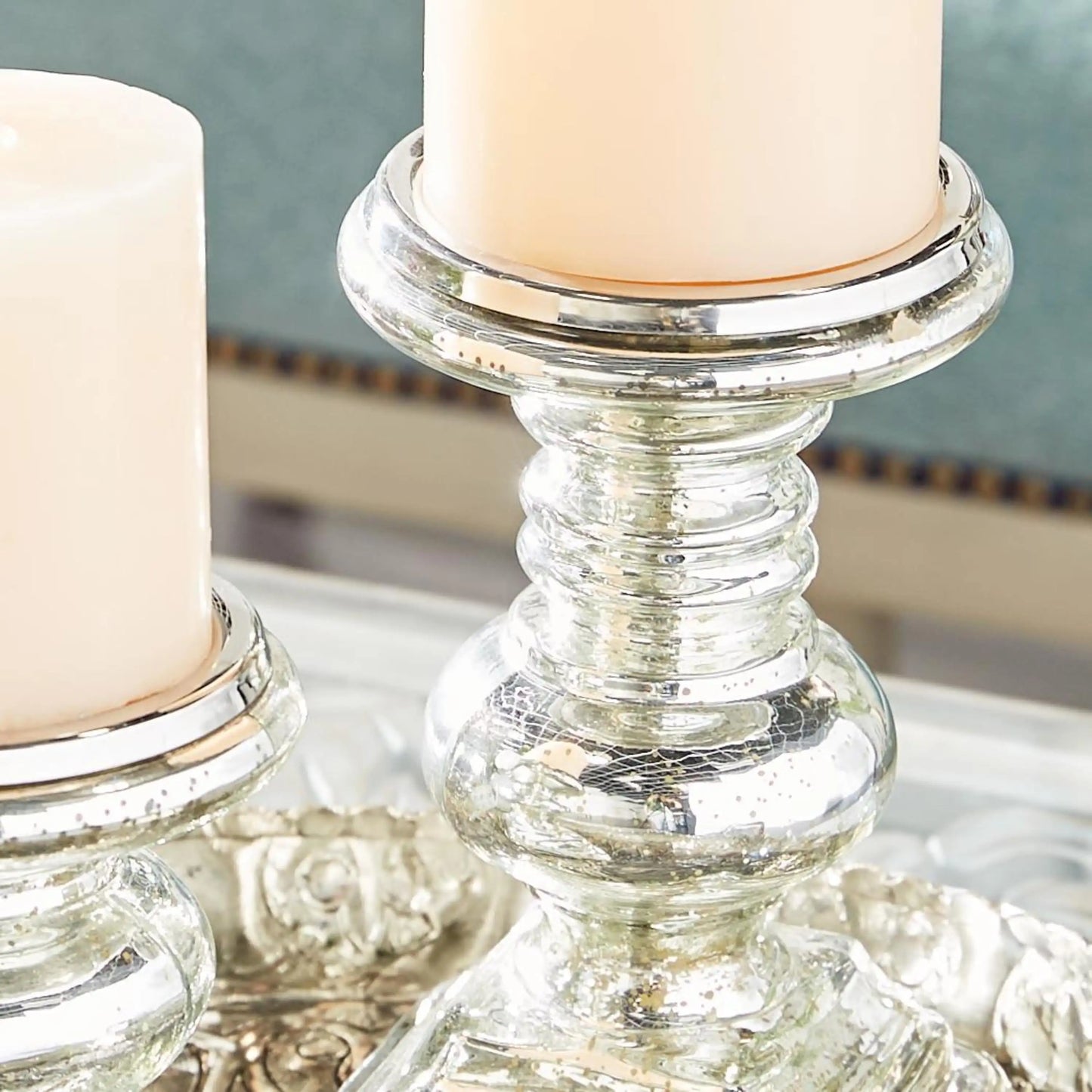 Silver Glass Handmade Turned Style Pillar Candle Holder, Set of 2