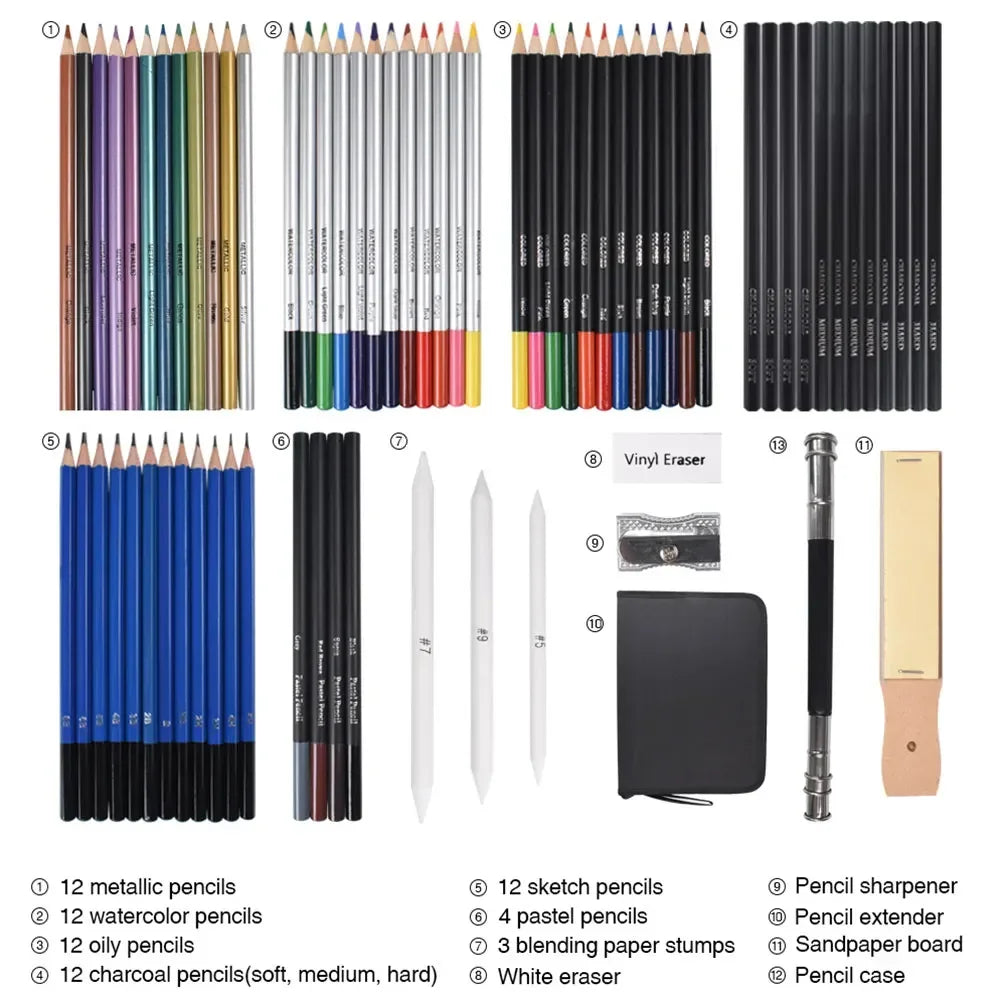 72Pcs Drawing Sketching Kit w/ Watercolor, Graphite, Colored, Metallic, and Charcoal Pencils