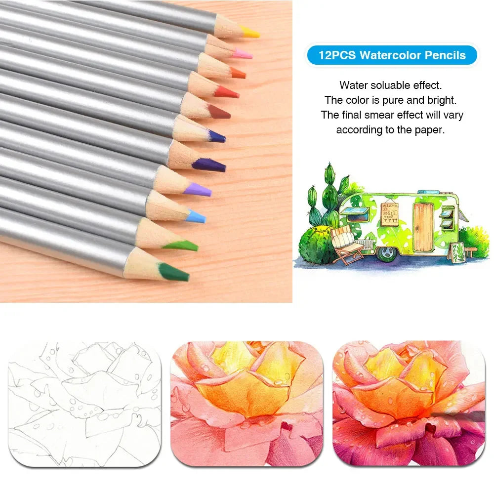 72Pcs Drawing Sketching Kit w/ Watercolor, Graphite, Colored, Metallic, and Charcoal Pencils