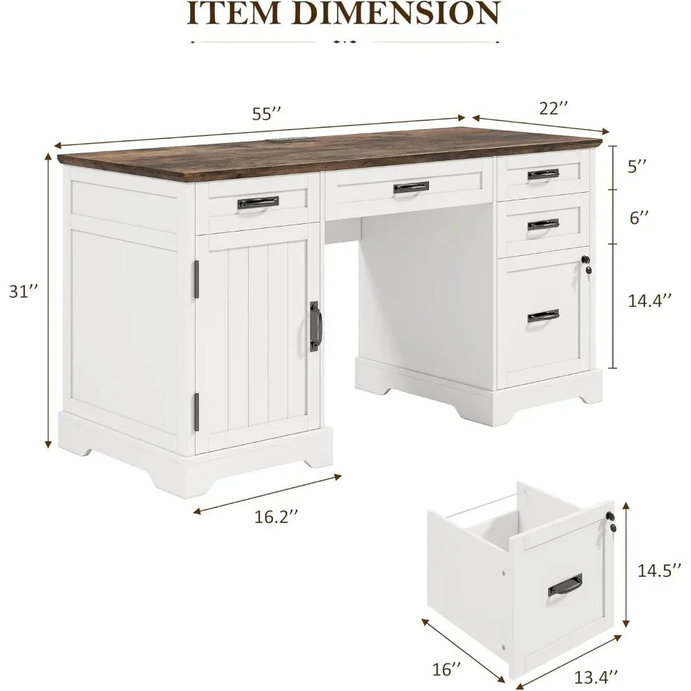 55'' Wooden Farmhouse Desk w/ File Cabinet and Charging Station