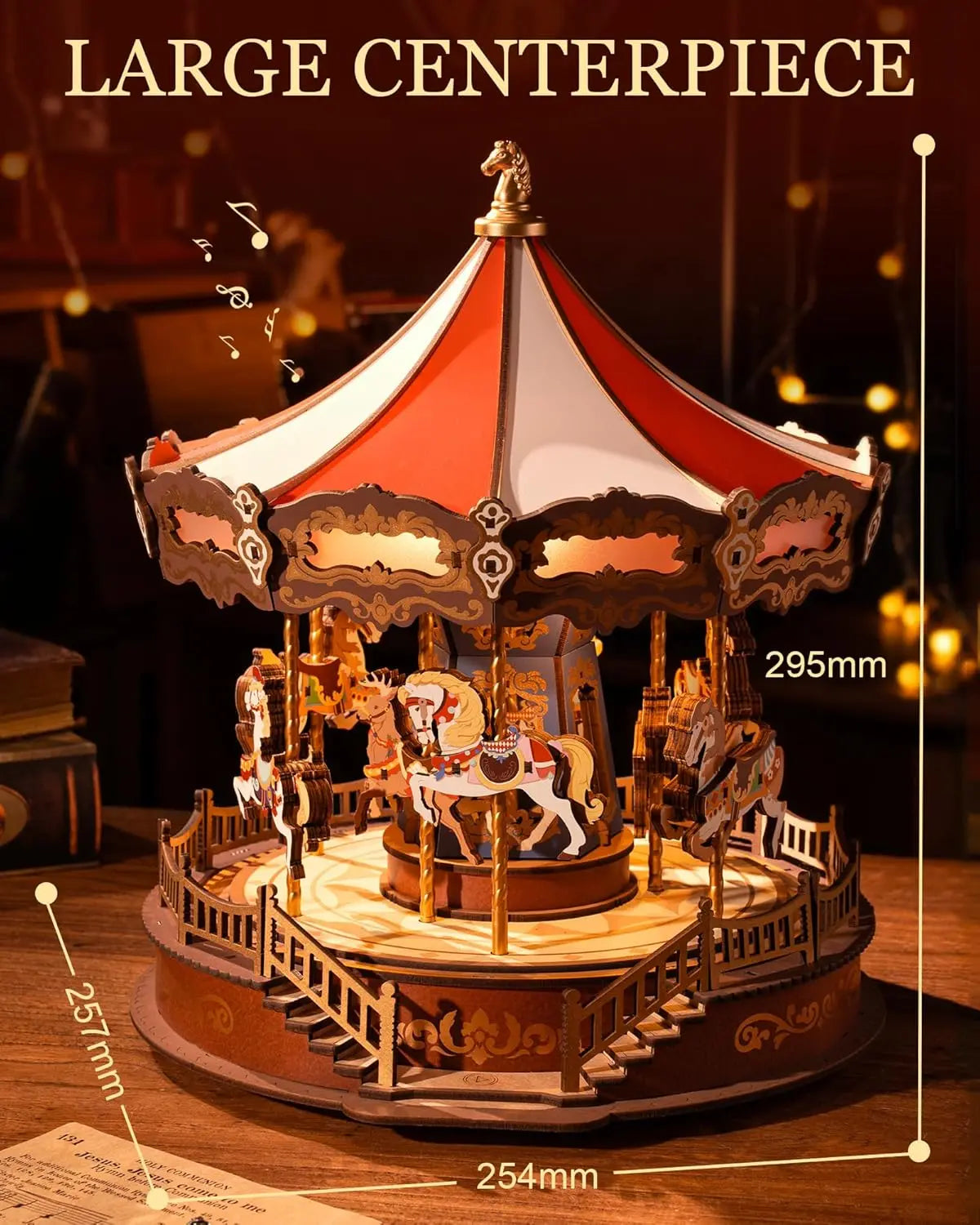 3D Wooden Puzzle Classic Carousel Music Box with Lights