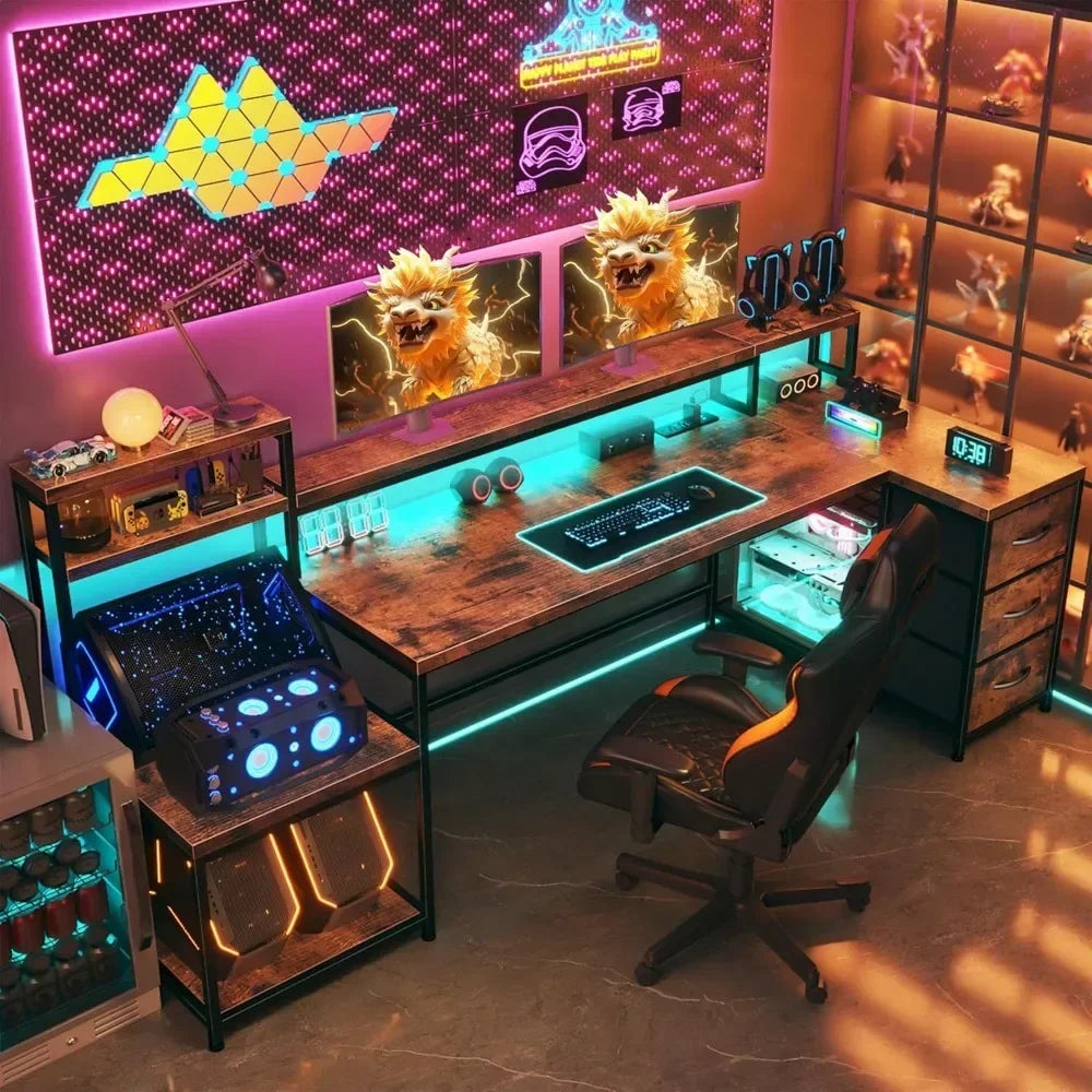 Reversible 70.9" L Shaped Desk w/ Power Outlets & LED Lights