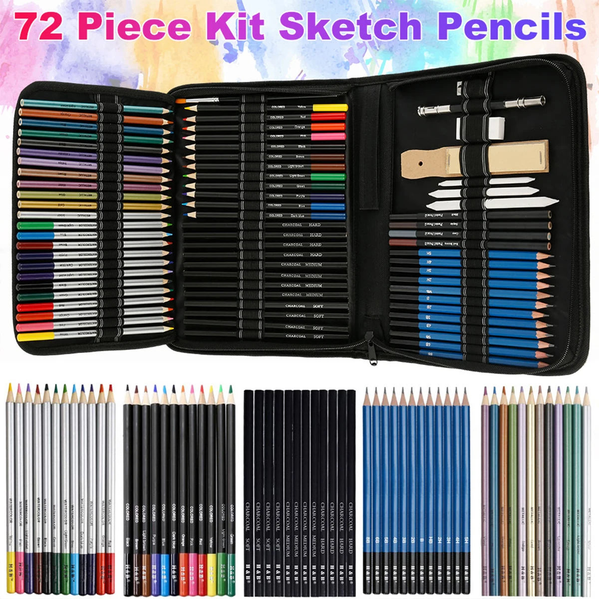 72Pcs Drawing Sketching Kit w/ Watercolor, Graphite, Colored, Metallic, and Charcoal Pencils