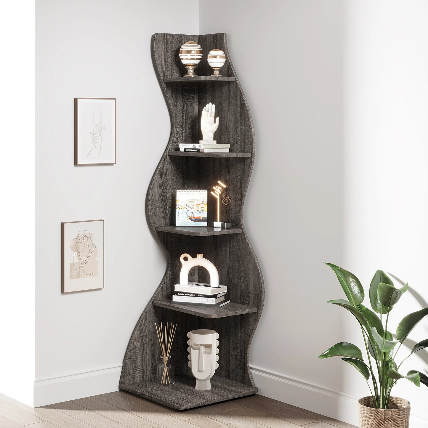 Modern 5-Tier Wall Corner Bookshelf