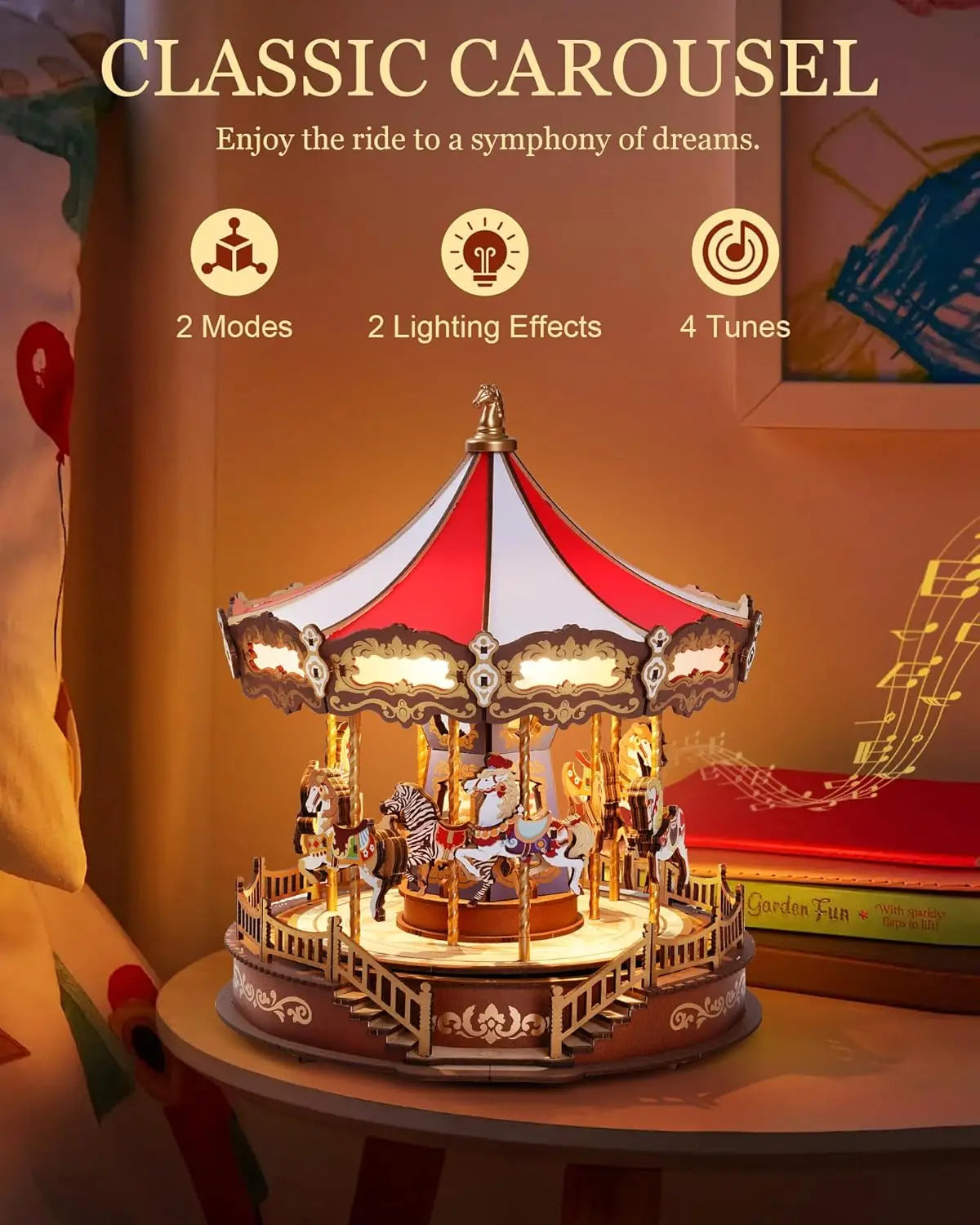 3D Wooden Puzzle Classic Carousel Music Box with Lights