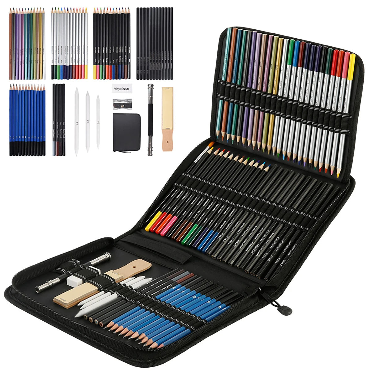 72Pcs Drawing Sketching Kit w/ Watercolor, Graphite, Colored, Metallic, and Charcoal Pencils