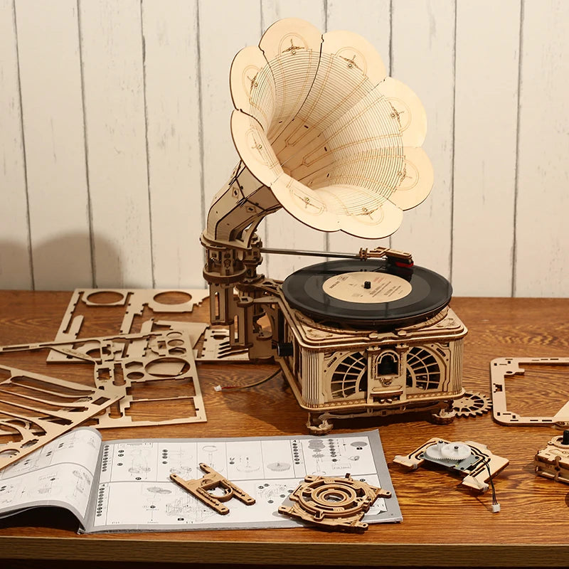 DIY Classic Gramophone Wooden Puzzle Building Kit