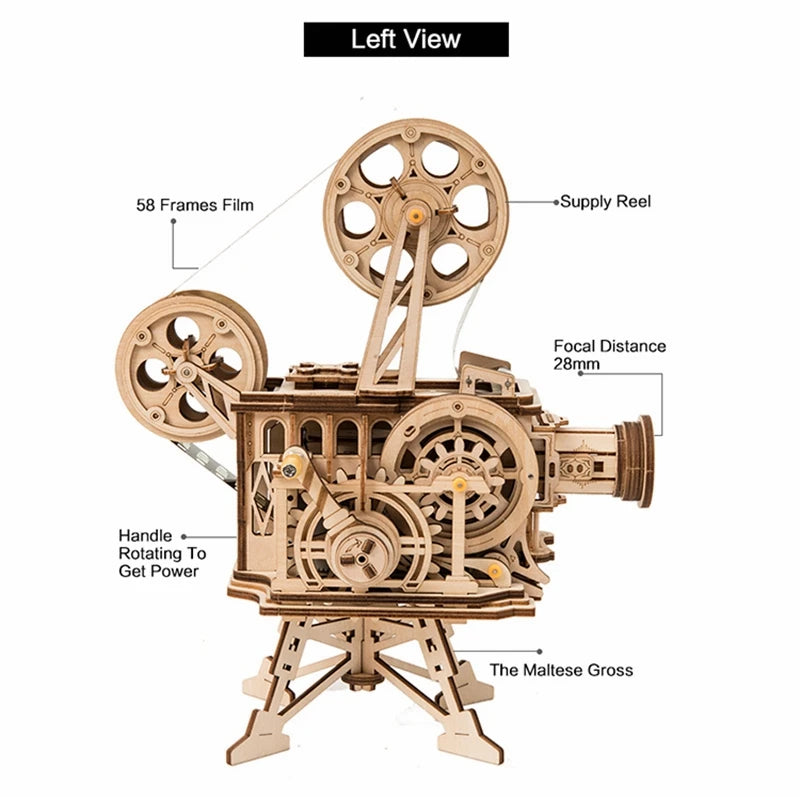 DIY 183pcs Retro 3D Hand Crank Film Projector Wooden Model