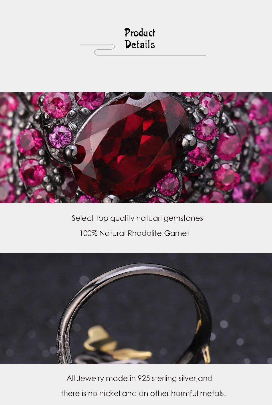 Handmade Rhodolite Garnet Rose Flower Ring