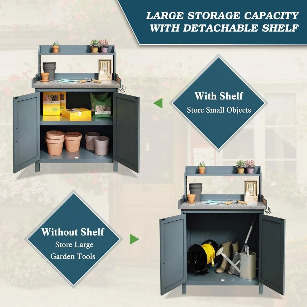 Outdoor Wooden Gardening Table with Metal Tabletop and Storage Cabinet