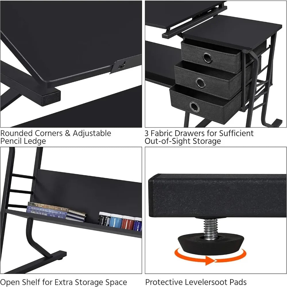 Adjustable Art/Craft, Drafting Table with Stool and 3 Slide Drawers