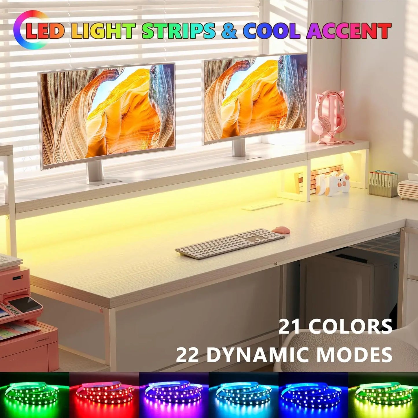 Reversible 70.9" L Shaped Desk w/ Power Outlets & LED Lights