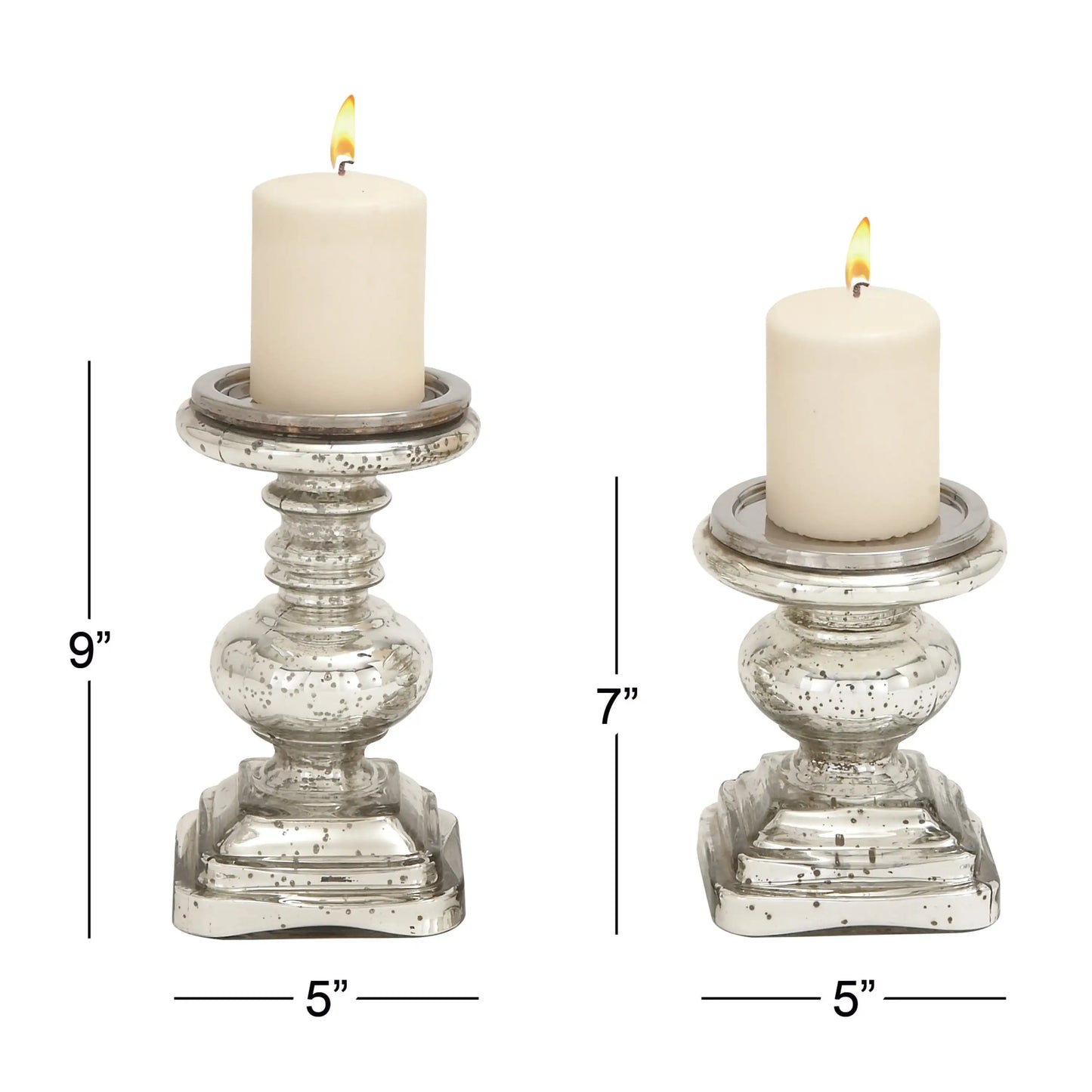 Silver Glass Handmade Turned Style Pillar Candle Holder, Set of 2