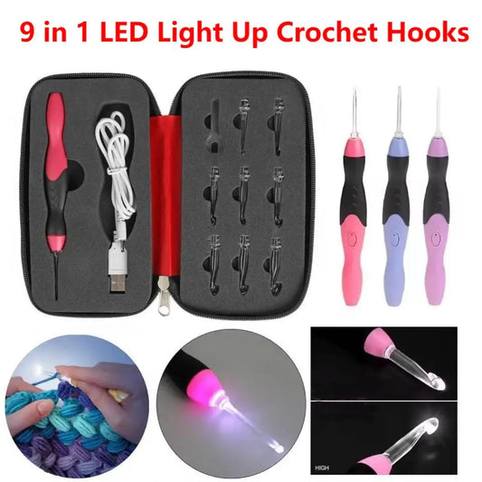 9 in 1 USB Light Up Crochet Hook Knitting Needles w/ Interchangeable Heads