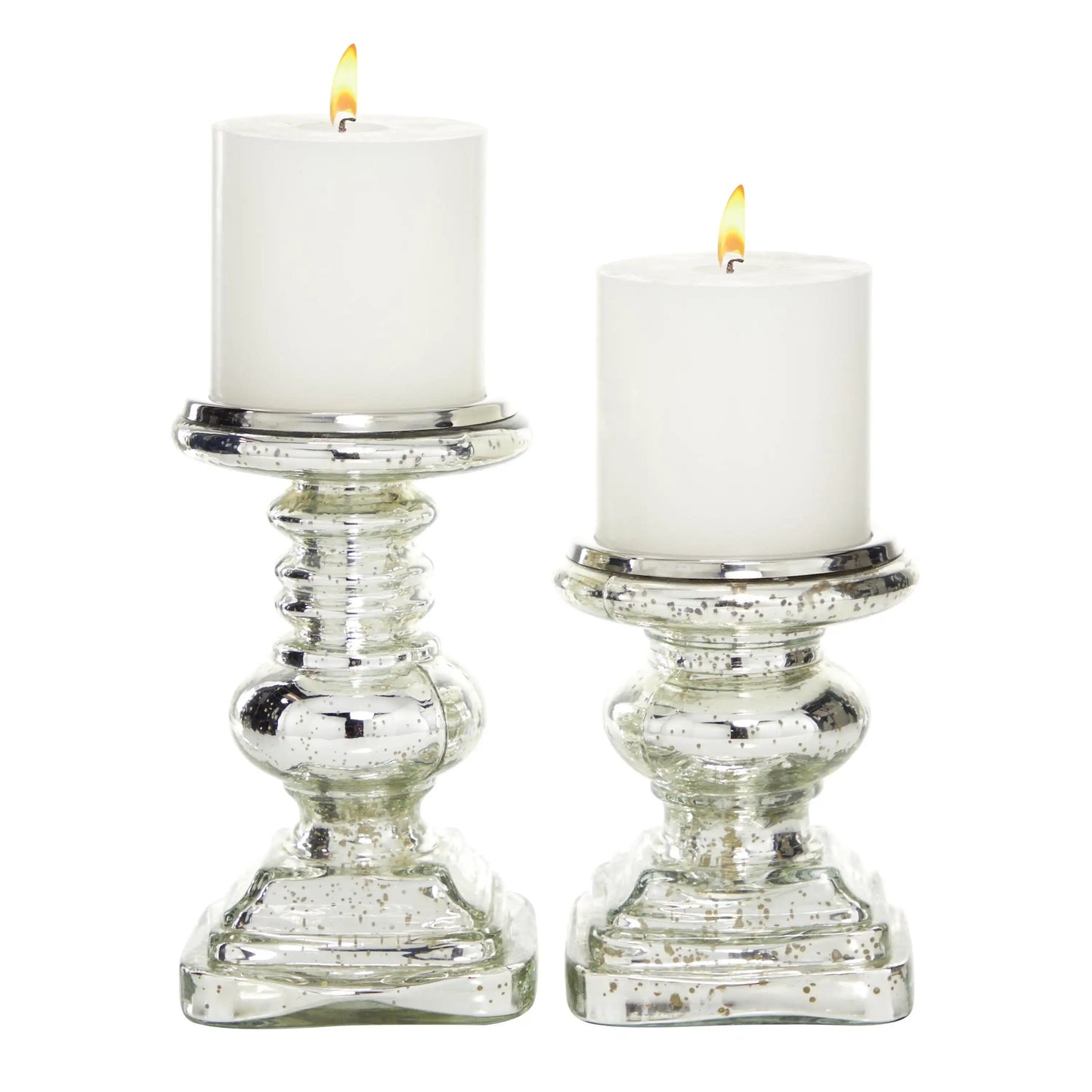 Silver Glass Handmade Turned Style Pillar Candle Holder, Set of 2