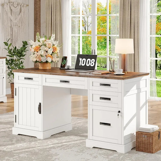 55'' Wooden Farmhouse Desk w/ File Cabinet and Charging Station