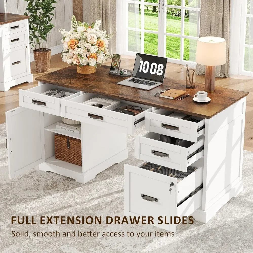 55'' Wooden Farmhouse Desk w/ File Cabinet and Charging Station