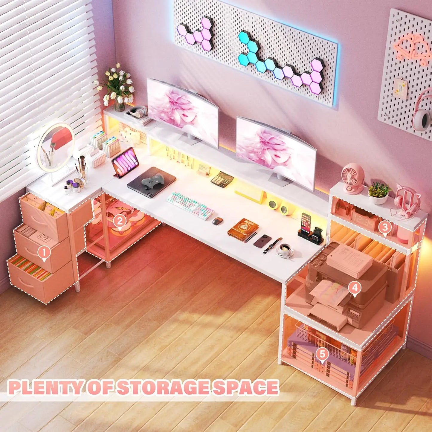 Reversible 70.9" L Shaped Desk w/ Power Outlets & LED Lights