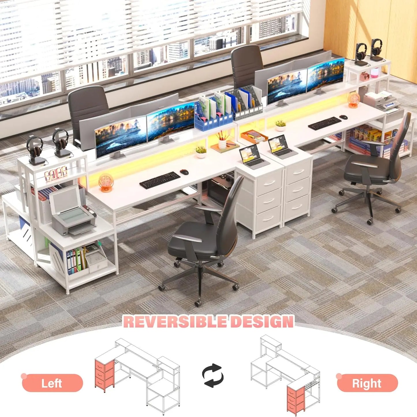 Reversible 70.9" L Shaped Desk w/ Power Outlets & LED Lights