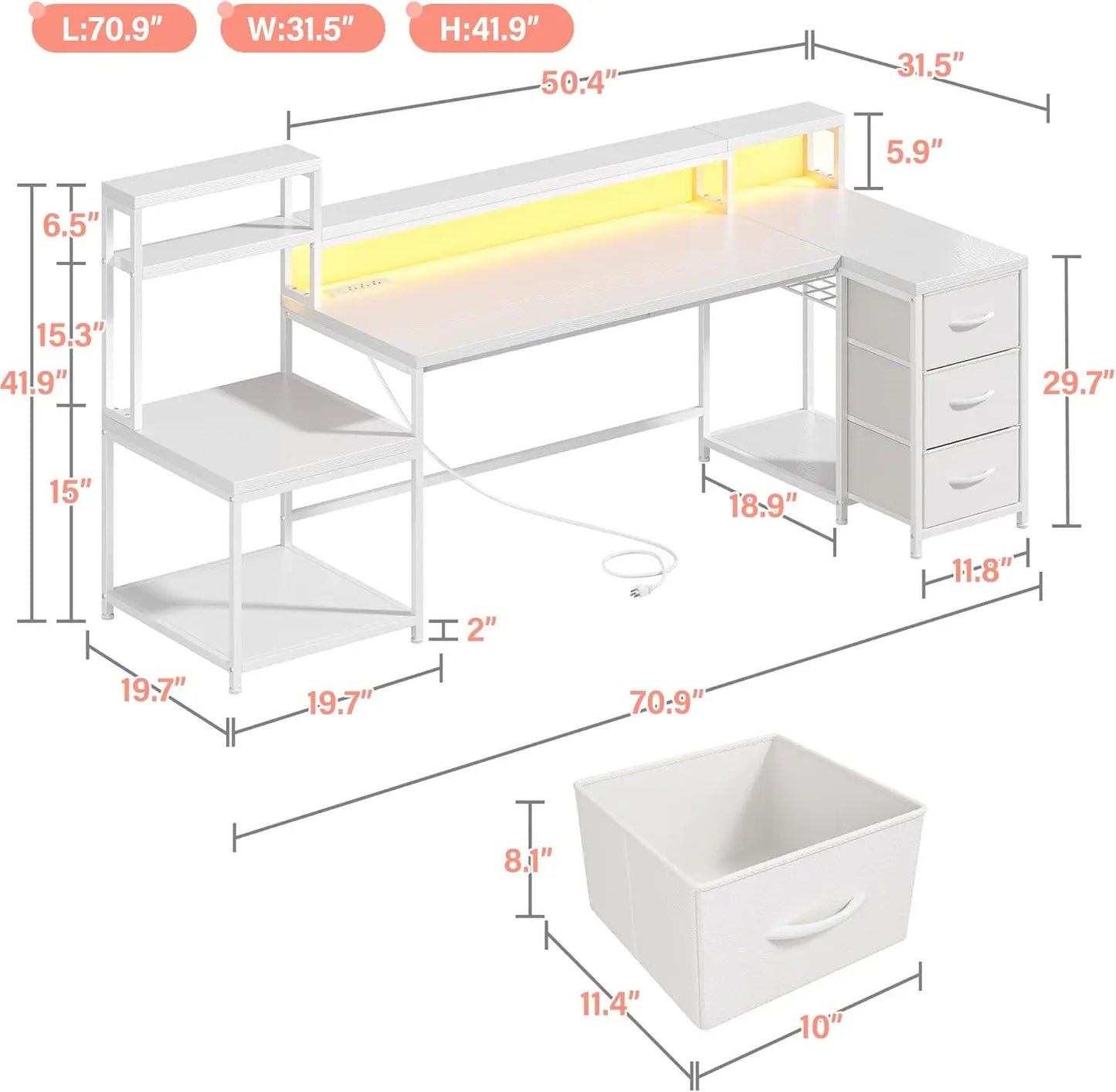 Reversible 70.9" L Shaped Desk w/ Power Outlets & LED Lights