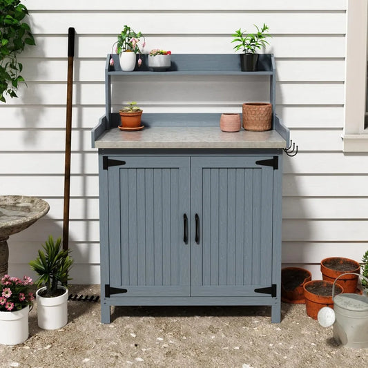 Outdoor Wooden Gardening Table with Metal Tabletop and Storage Cabinet