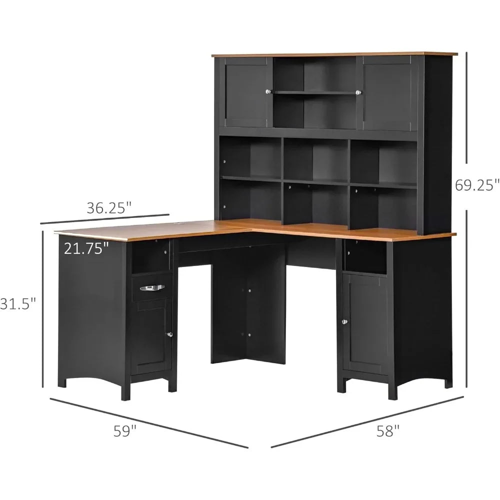 59" Corner Desk with Storage Shelves, Drawer and Cabinet
