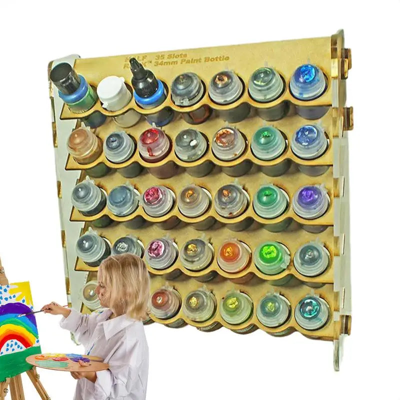 35 Slot Wooden Paint Storage Rack Multi-Layer Stand