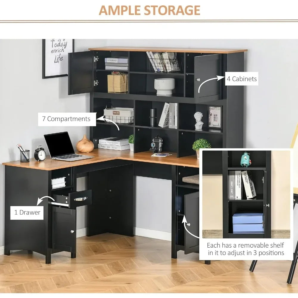 59" Corner Desk with Storage Shelves, Drawer and Cabinet