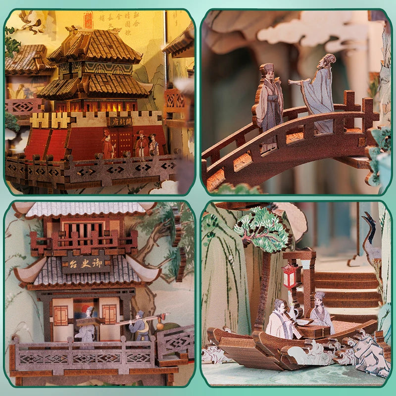 DIY Book Nook Chinese Style Doll House Kit w/ Touch Light and Dust Cover