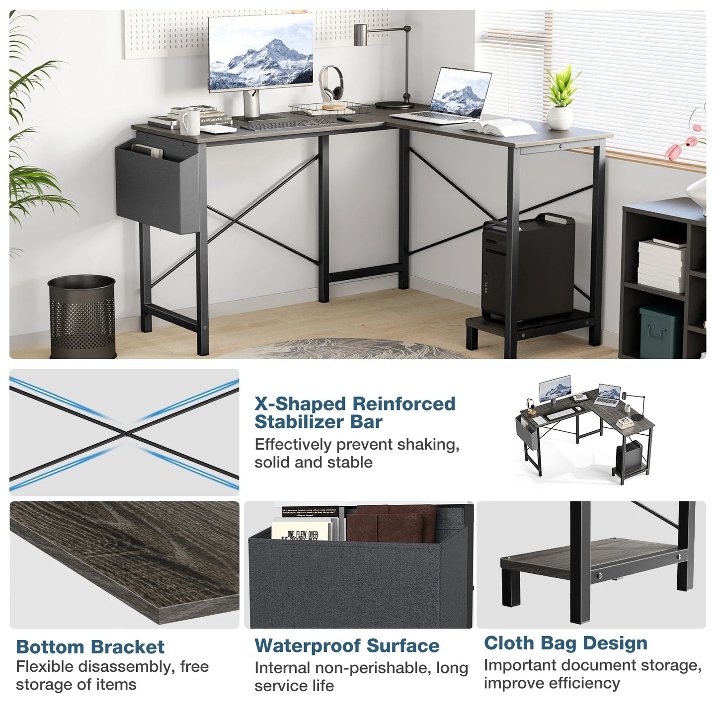 50 Inch PC Wooden Table w/ CPU Storage Shelf & Side Bag