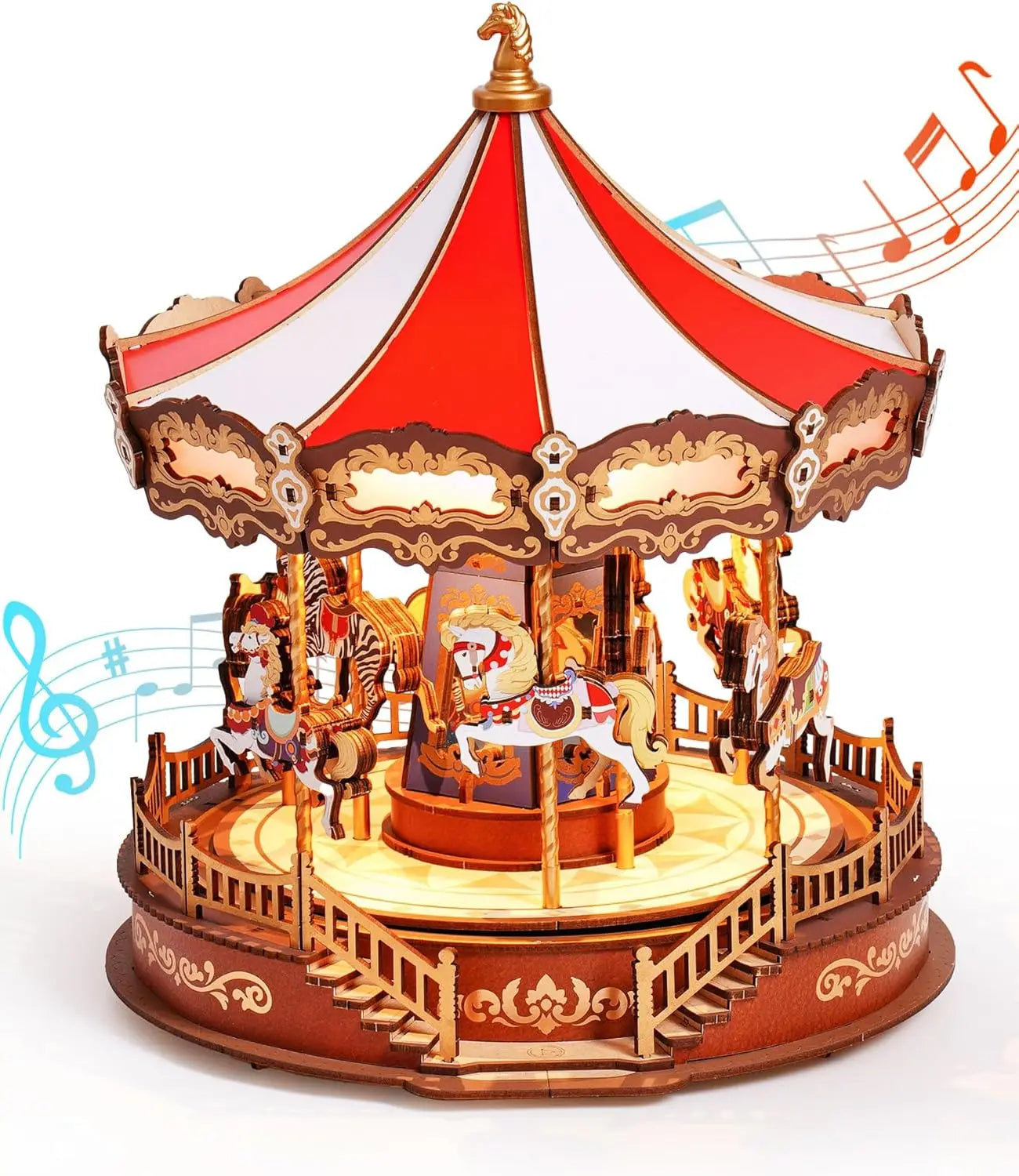 3D Wooden Puzzle Classic Carousel Music Box with Lights
