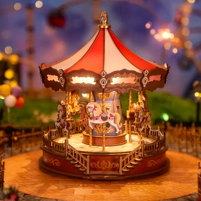 3D Wooden Puzzle Classic Carousel Music Box with Lights