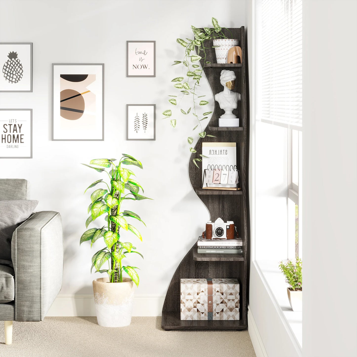 Modern 5-Tier Wall Corner Bookshelf