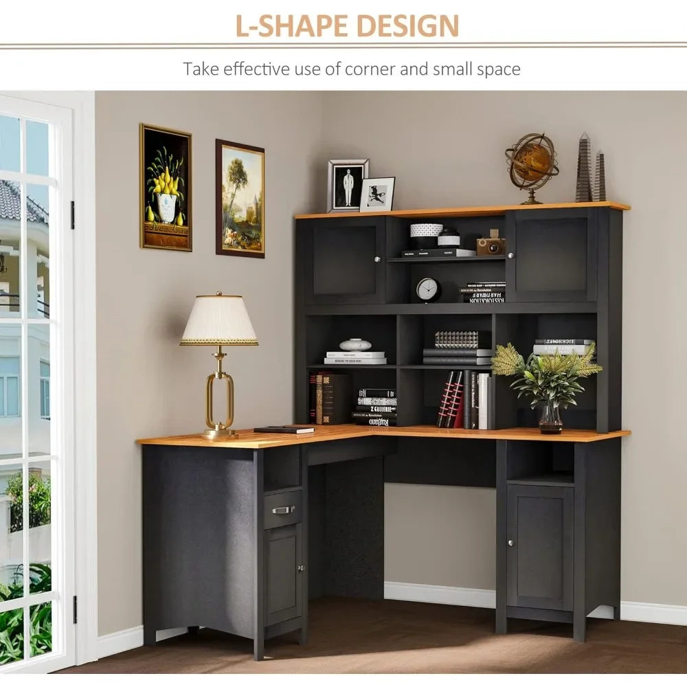 59" Corner Desk with Storage Shelves, Drawer and Cabinet