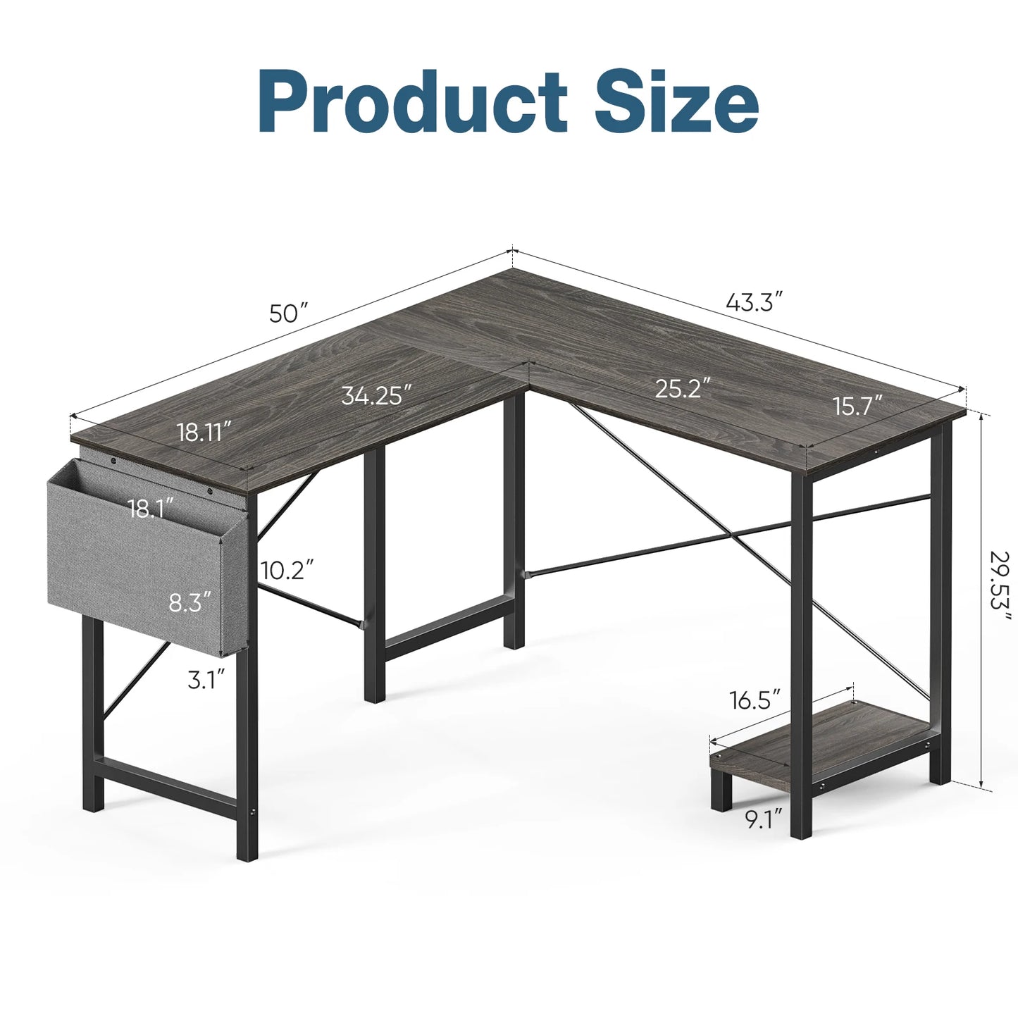 50 Inch PC Wooden Table w/ CPU Storage Shelf & Side Bag