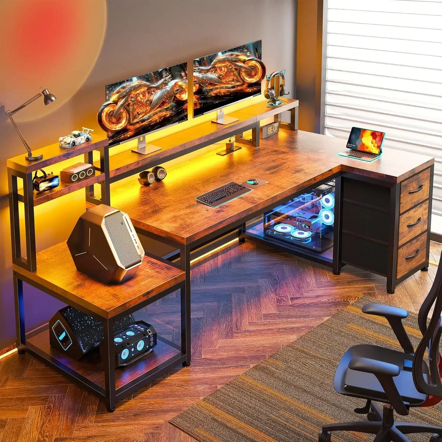 Reversible 70.9" L Shaped Desk w/ Power Outlets & LED Lights