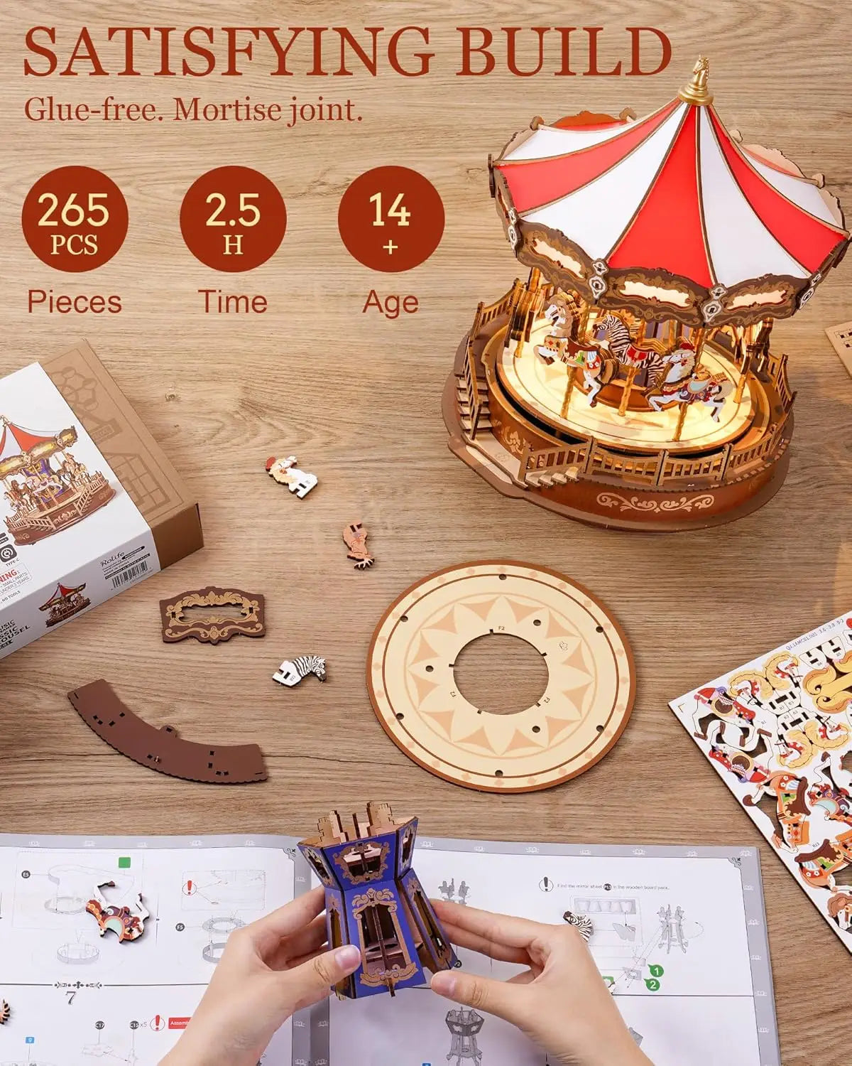 3D Wooden Puzzle Classic Carousel Music Box with Lights
