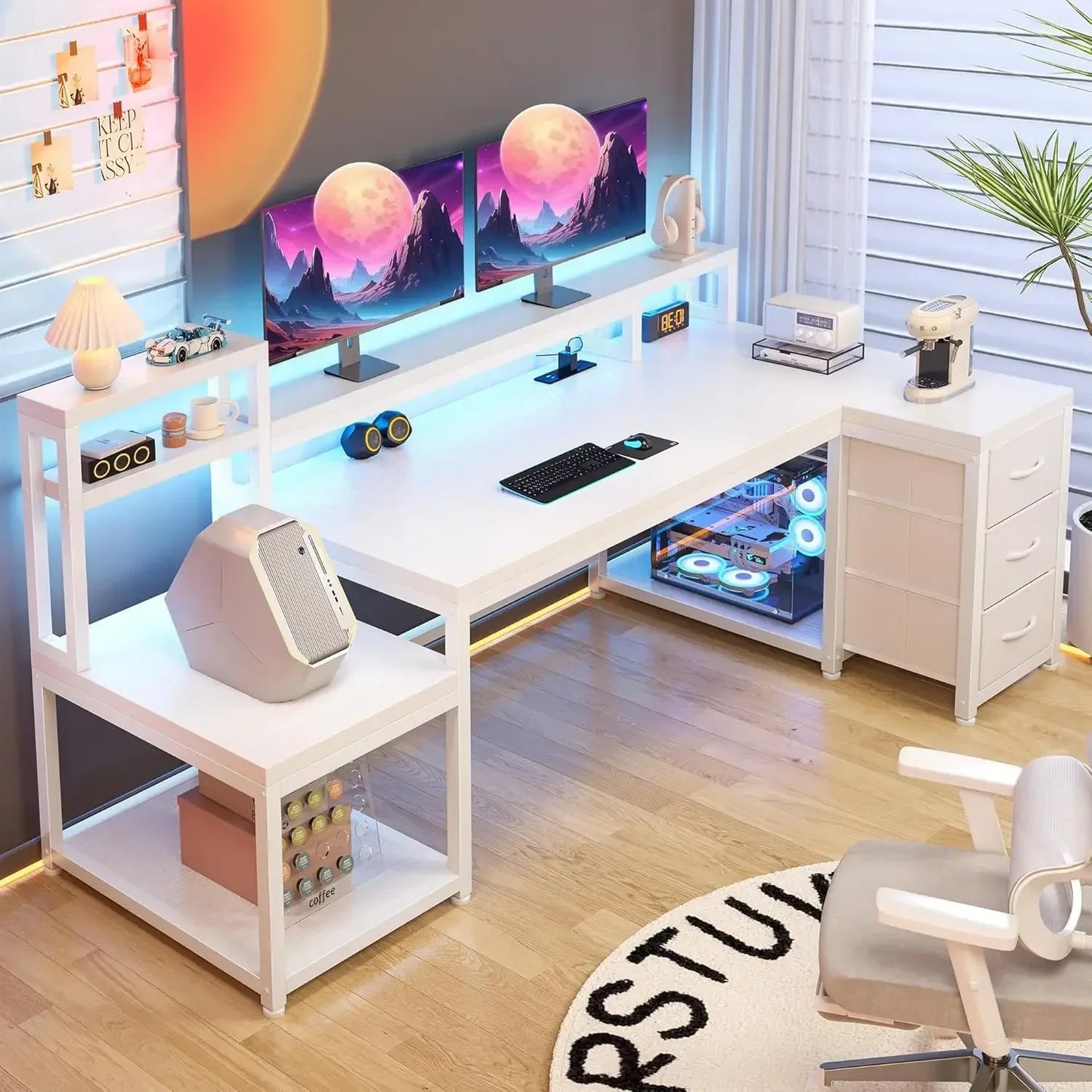 Reversible 70.9" L Shaped Desk w/ Power Outlets & LED Lights