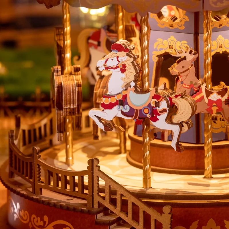 3D Wooden Puzzle Classic Carousel Music Box with Lights