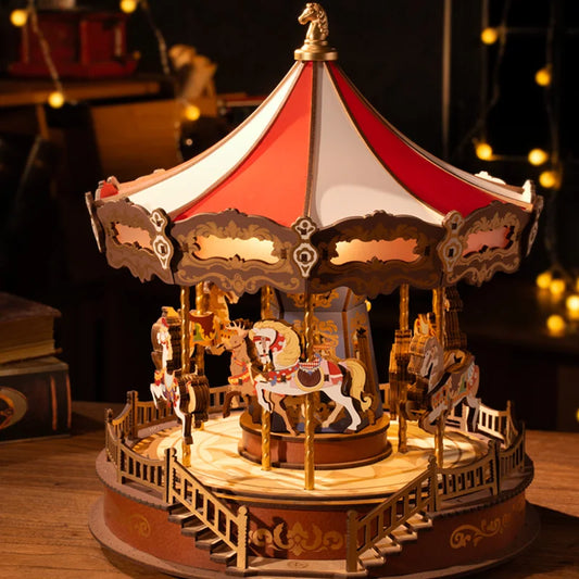 3D Wooden Puzzle Classic Carousel Music Box with Lights