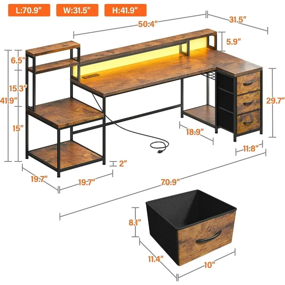 Reversible 70.9" L Shaped Desk w/ Power Outlets & LED Lights