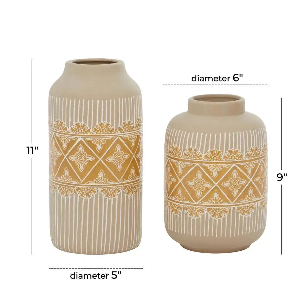 Handmade Boho Beige Ceramic Vase Set of 2