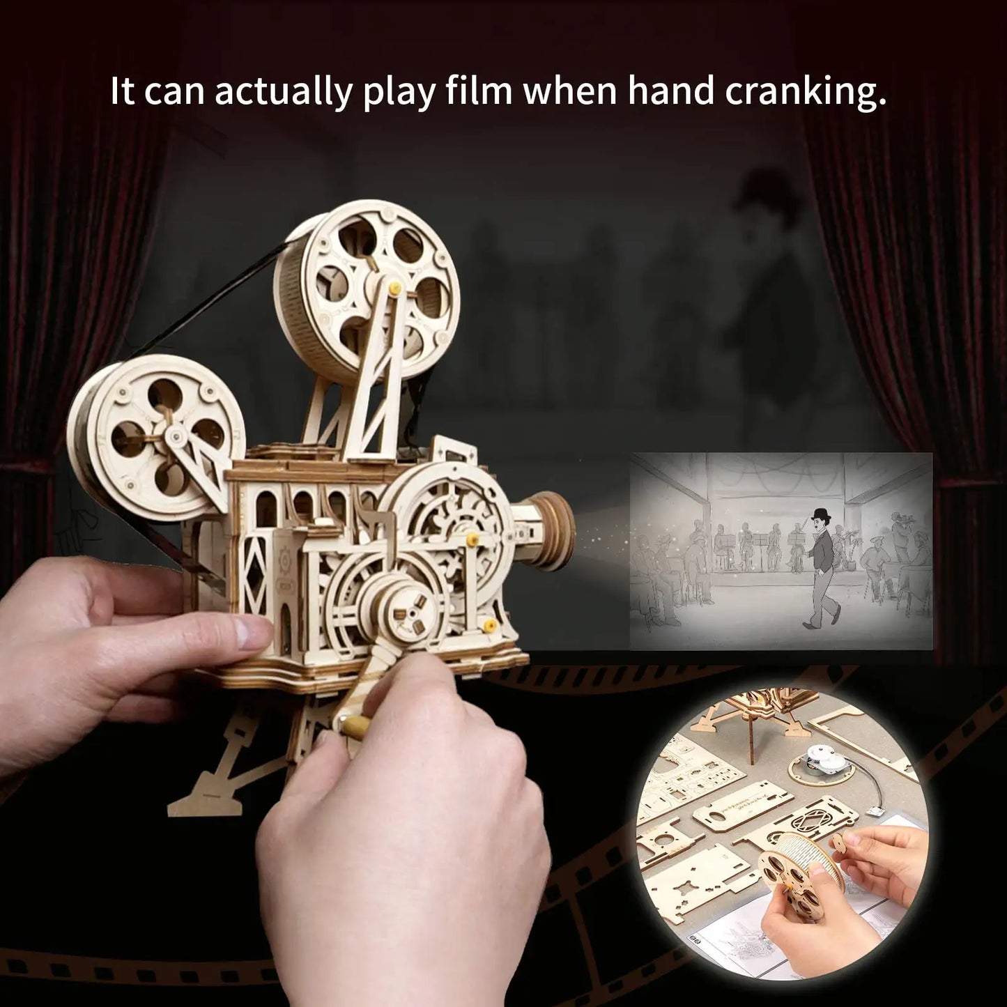 DIY 183pcs Retro 3D Hand Crank Film Projector Wooden Model