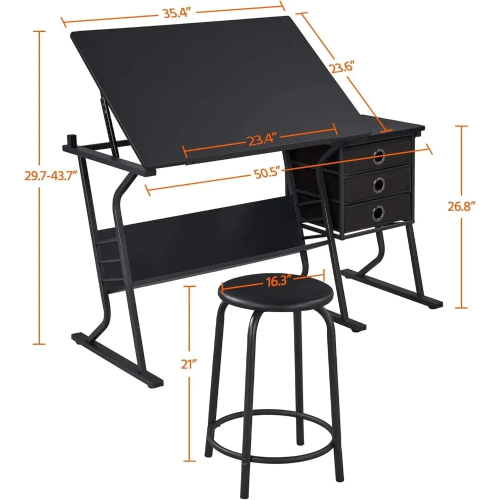 Adjustable Art/Craft, Drafting Table with Stool and 3 Slide Drawers