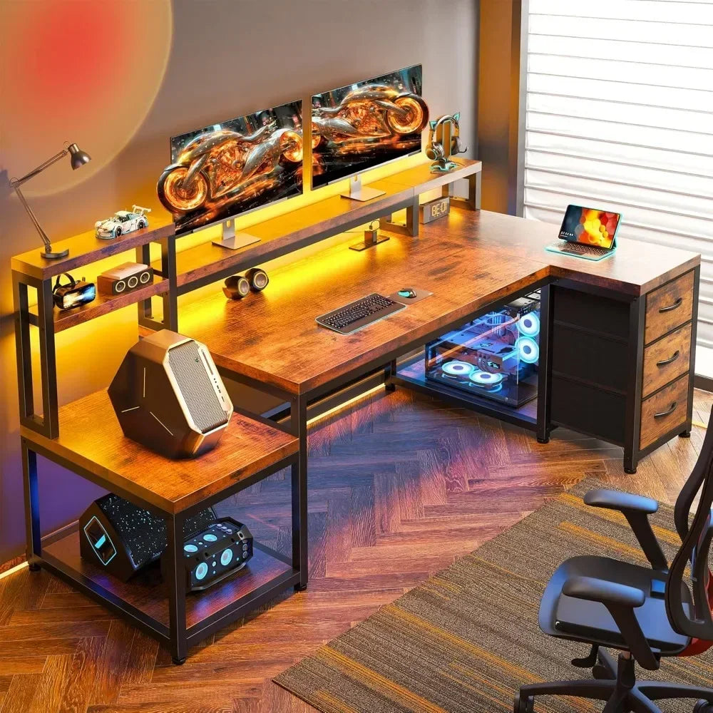 Reversible 70.9" L Shaped Desk w/ Power Outlets & LED Lights