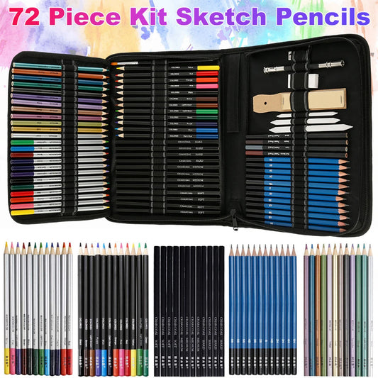 72Pcs Drawing Sketching Kit with Watercolor, Graphite, Colored, Metallic, and Charcoal Pencils